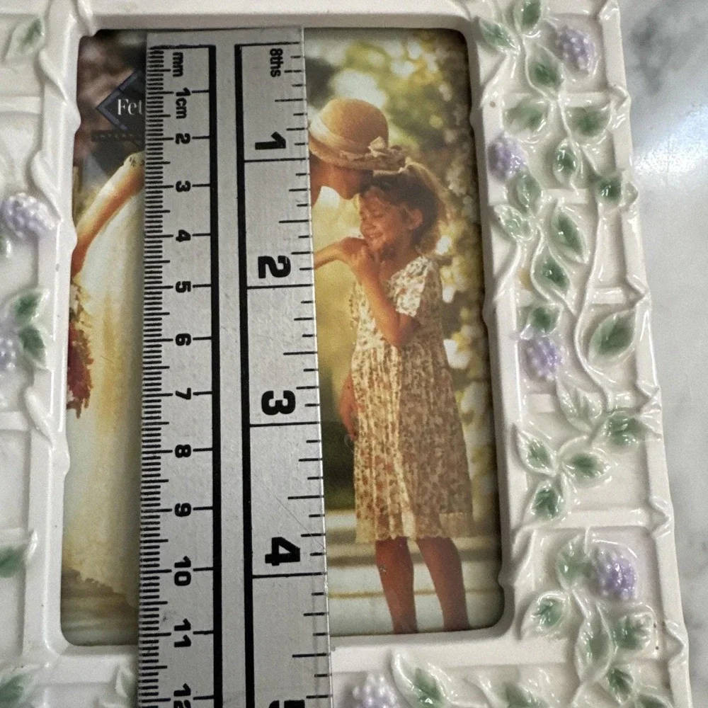 Fetco Ceramic Floral Painted Picture Frame‎ Vines Garden Purple Flowers 4.5 X3